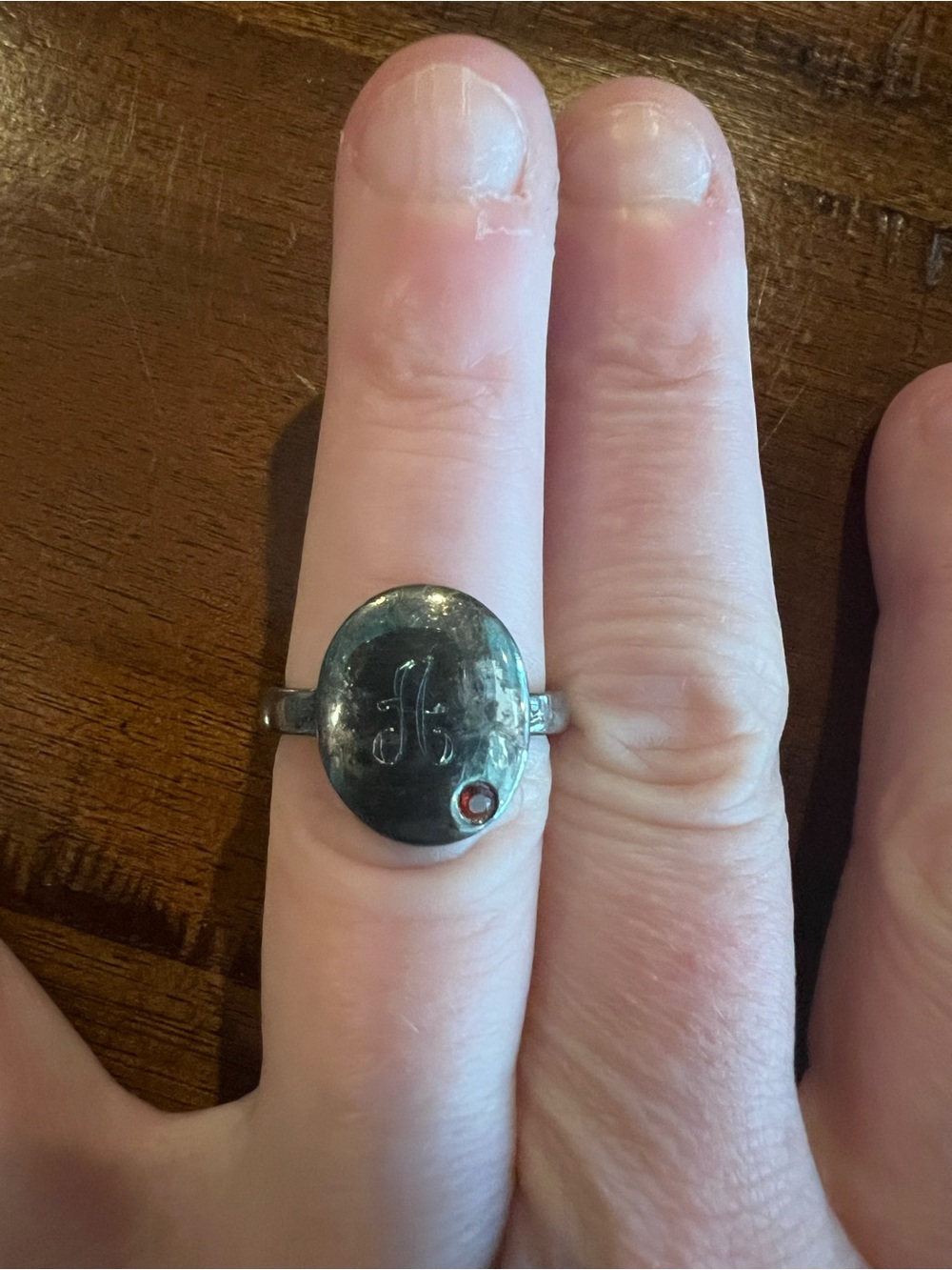 Monogrammed Oval Signet Ring with “A” and garnet—gently loved!